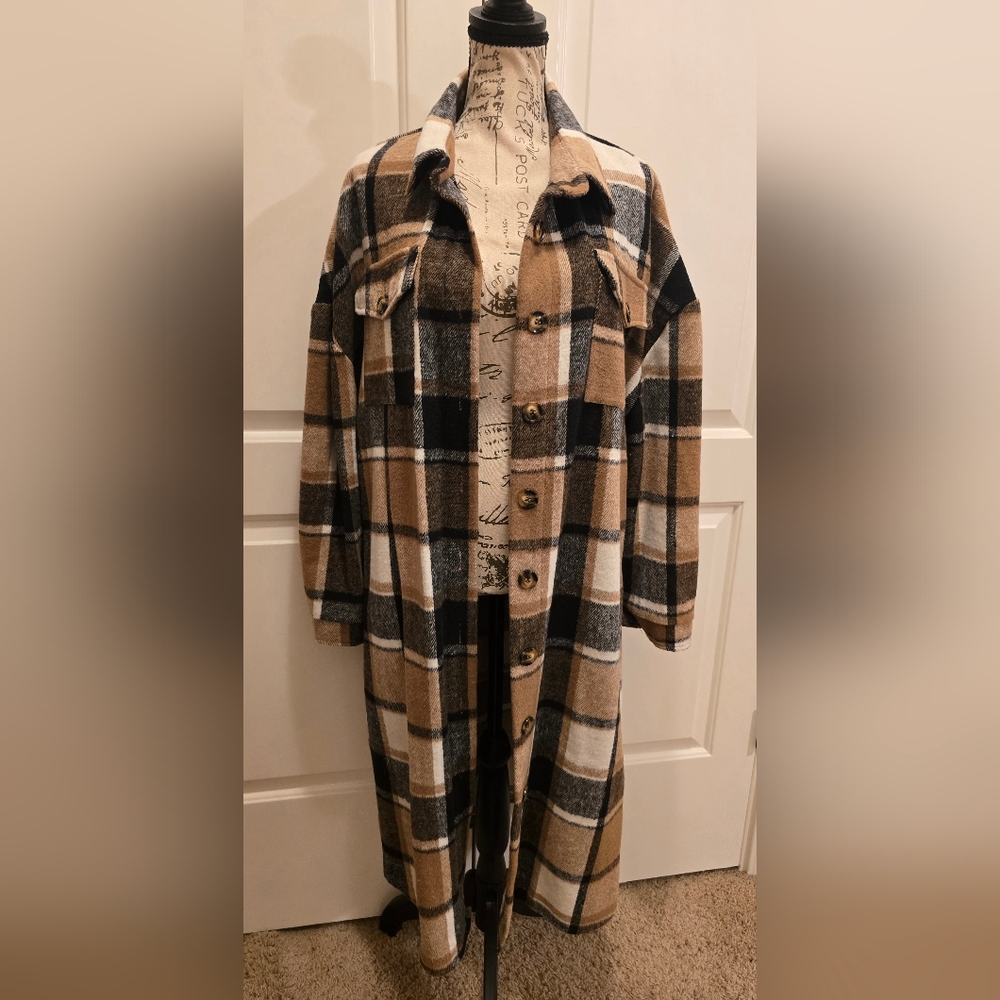 Plaid Sacket Duster Beige, Black & Cream Brushed Flannel Large NWOT